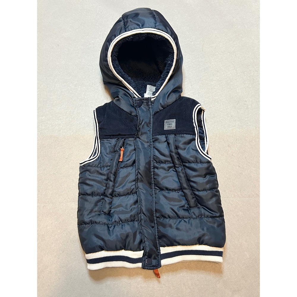 Little Lad Boys Navy Blue Puffer Vest Sherpa Hood Corduroy Trim 4T